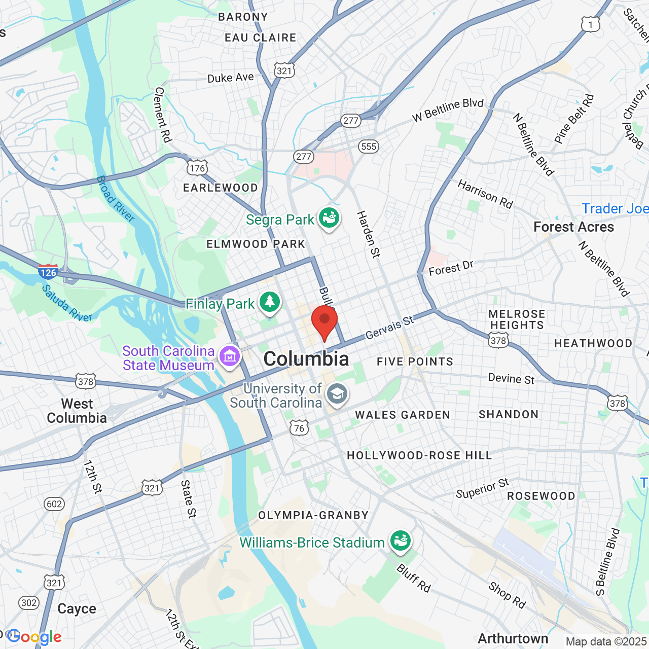 Google map image of our location in 1310 Lady St Columbia, SC